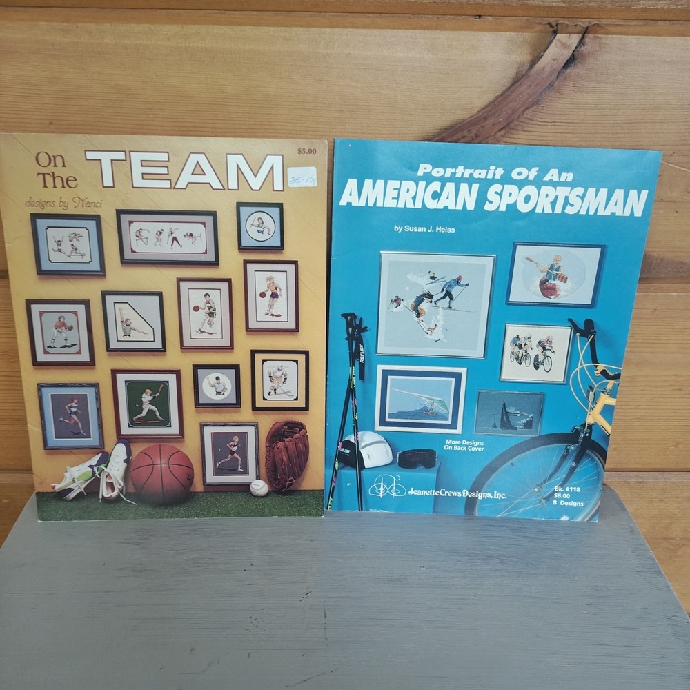 Set of 2 Vintage Sports Themed Cross-Stitch Patterns Skiing Hockey Baseball F3 - Picture 1 of 5